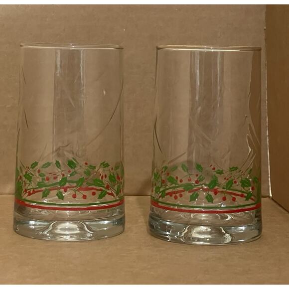 Arby's Other - Vintage Holly Berry Christmas Drinking Glass 1984 Arby’s Restaurant Gold Rim x 2